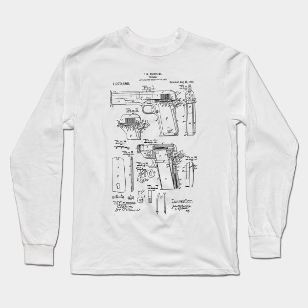 1911 Pistol Takedown Patent (black) Long Sleeve T-Shirt by Big Term Designs